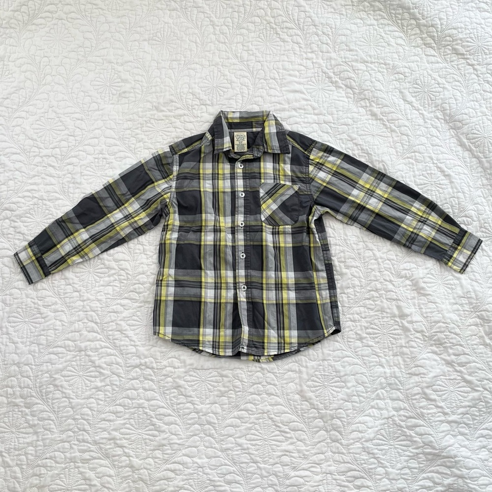 Boys Faded Glory Small Plaid Long Sleeve Dress Shirt Grey Yellow White